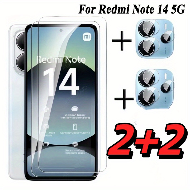 E-shop 2+2 Stück Displayschutzfolie aus gehärtetem Glas für Redmi Note 14 5G, glatte Oberfläche, 2 Stück gehärtete Glasfolien und 2 Stück