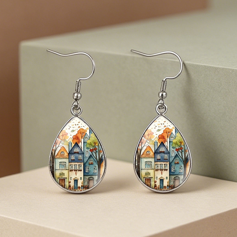 TEMU 1 Pair Watercolor Autumn Town Tear Drop Glass Cabochon Earrings Fashion Jewelry Gift, Without Battery