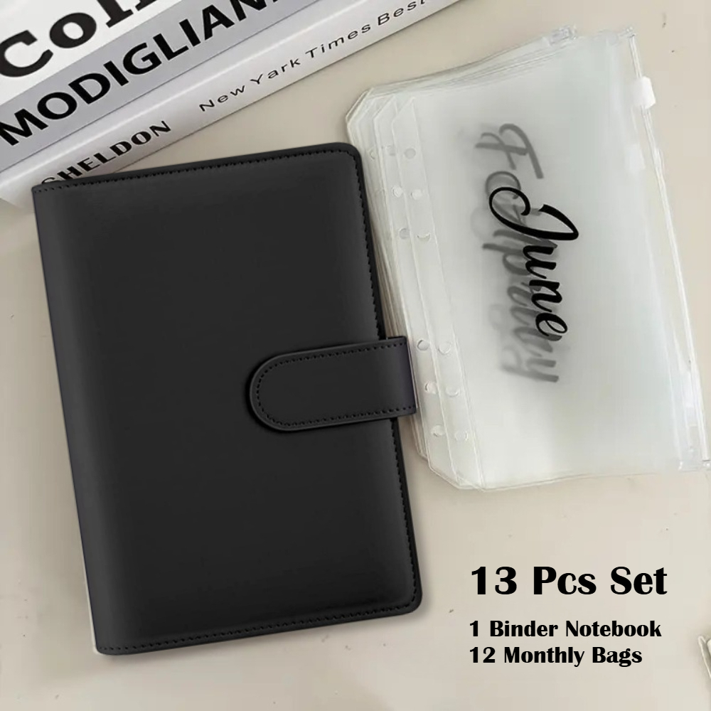 E-shop 13-teiliges A6 PU-Ordner-Set | 1 Ordner + 12 Monatsbeutel | Monatlicher Reißverschlussbeutel für Bargeld, Budget, Umschläge, Tickets, Quittungen