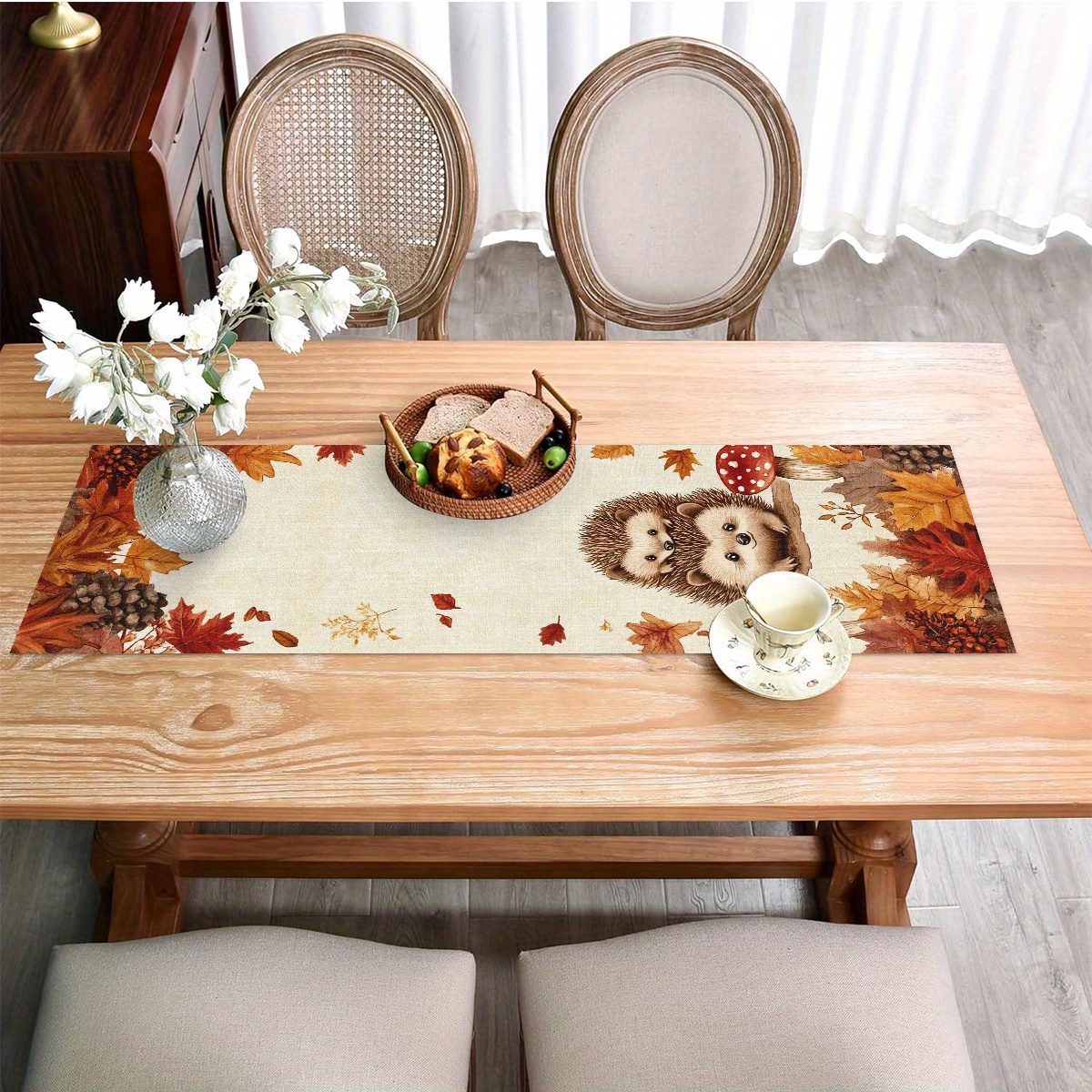 1pc Hedgehog And Mushroom Table Runner | Polyester, Ideal For Family Gatherings And Thanksgiving Decor, Suitable For , Living Rooms, Indoor And Outdoor Settings