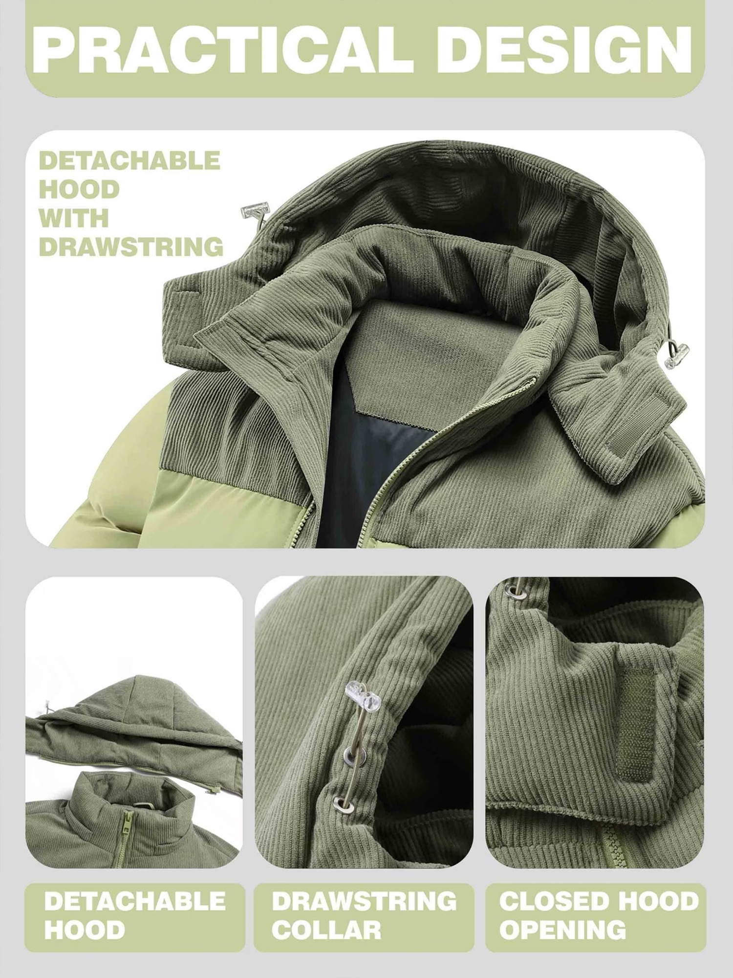 Men's Winter Hooded Corduroy Jacket with Mountain Pattern Print