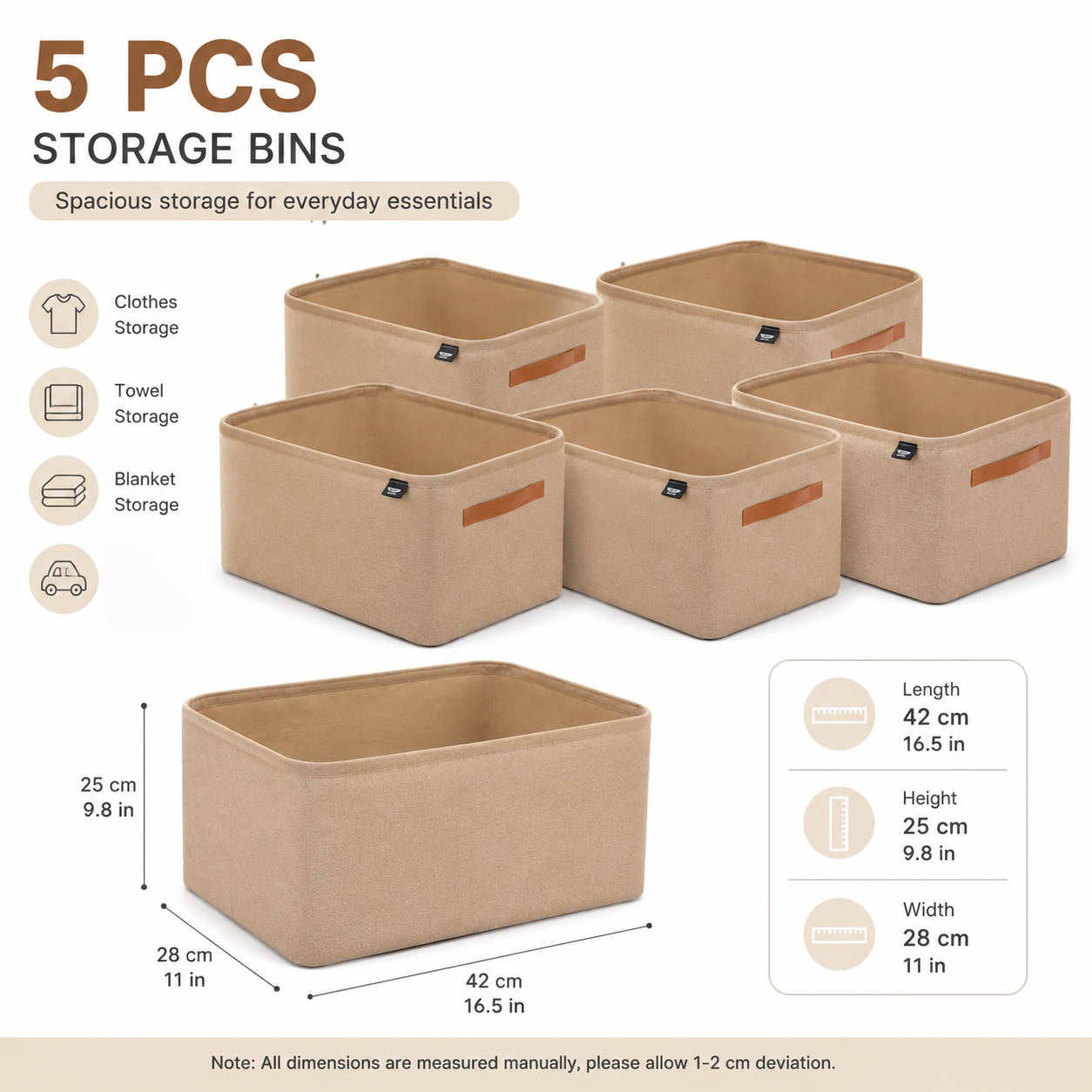 TEMU 3/5pcs Large Capacity Fabric Storage Basket, Thickened Clothes Organizer Bin With Reinforced Structure And Carry Handles, Storage Basket For