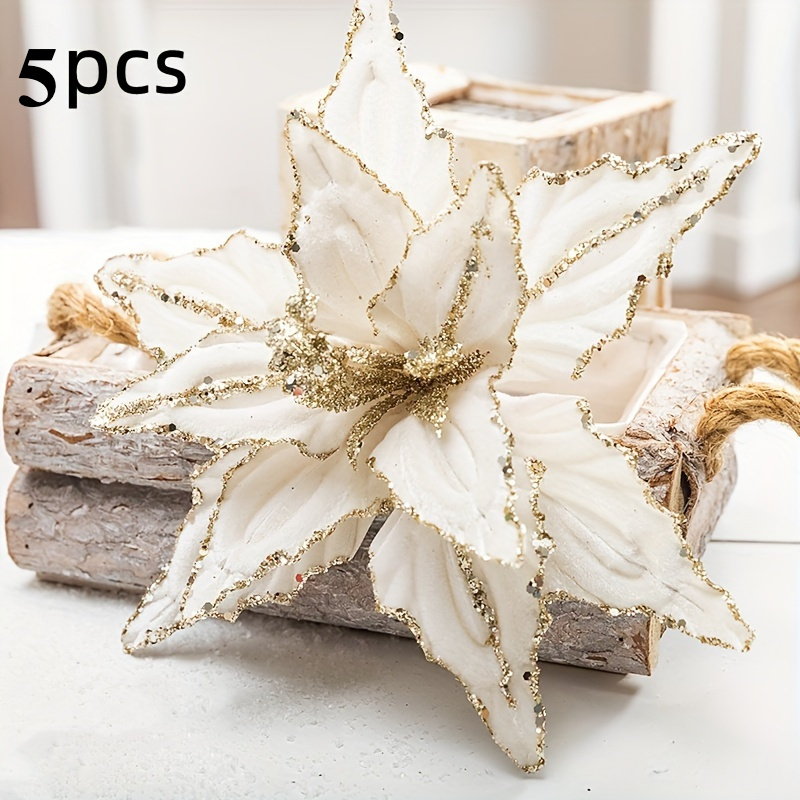 TEMU 5pcs Christmas Holiday Decorative Flowers Artificial Flowers, Shiny Sequin Velvet Christmas Flowers - 10.2 Inches, Suitable For Christmas Tree