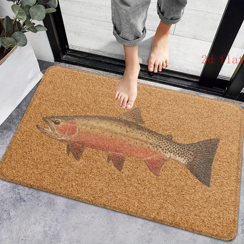 TEMU 2d Flat, 2d For Fiat 1pc Flannel Trout "fishing Enthusiast" Theme Floor Mat, Pattern Print, Machine Washable, Water Absorbent, Suitable For