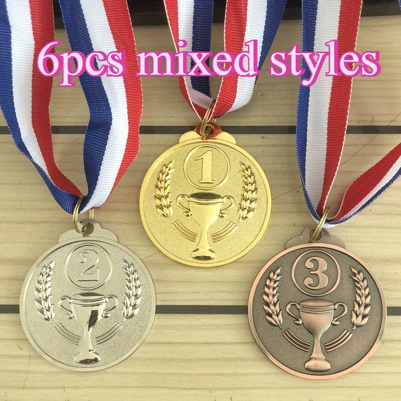 TEMU A Set Of 6 Golden, Silvery, And Bronze Iron Medals With A Trophy-style Numbered Design, Complete With Neck Straps And Tricolor Ribbons, Designed