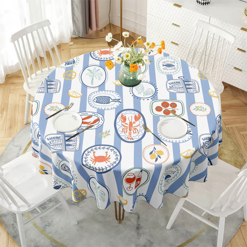 TEMU 2d Flat Tablecloth 1pc Mediterranean-style Seafood Striped Tablecloth With Lobster, Crab, And Lemon Patterns, Suitable For Everyday Use In Home