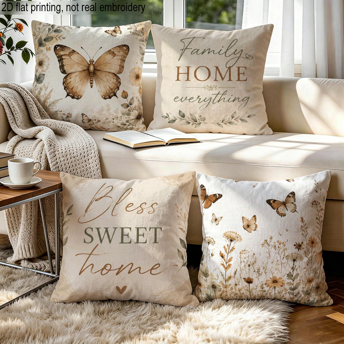 TEMU 2d Flat Surface, 4pcs Set, Vintage , Floral, And Warm Text Print Pillowcases, Rustic Home Decor Pillow Covers, A Gift For Family, , ,