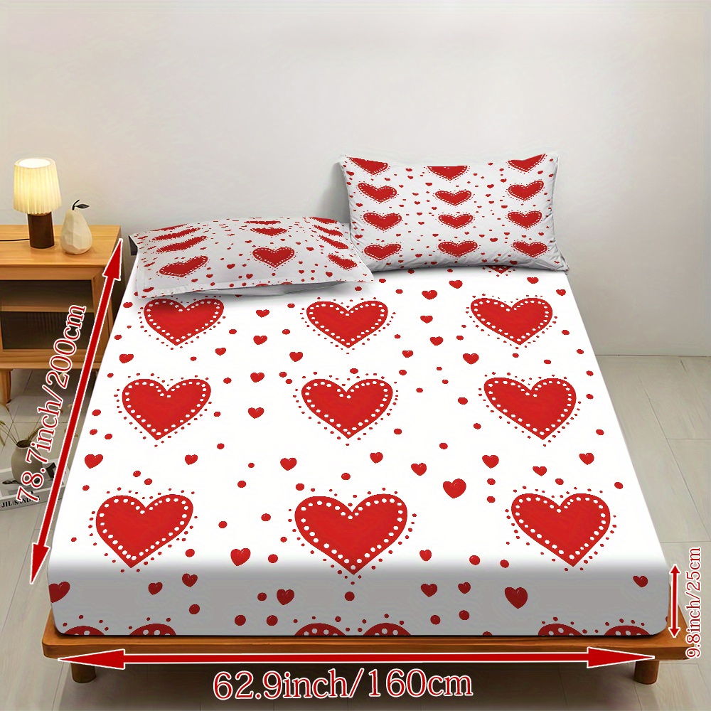 3pcs valentines day bedding set red hearts on white fitted sheet pillowcases soft mattress protector with deep pocket   to   machine washable   sheets for couples hotels dorms   design dorm essentials romantic decor durable construction hotel owners Product details 12