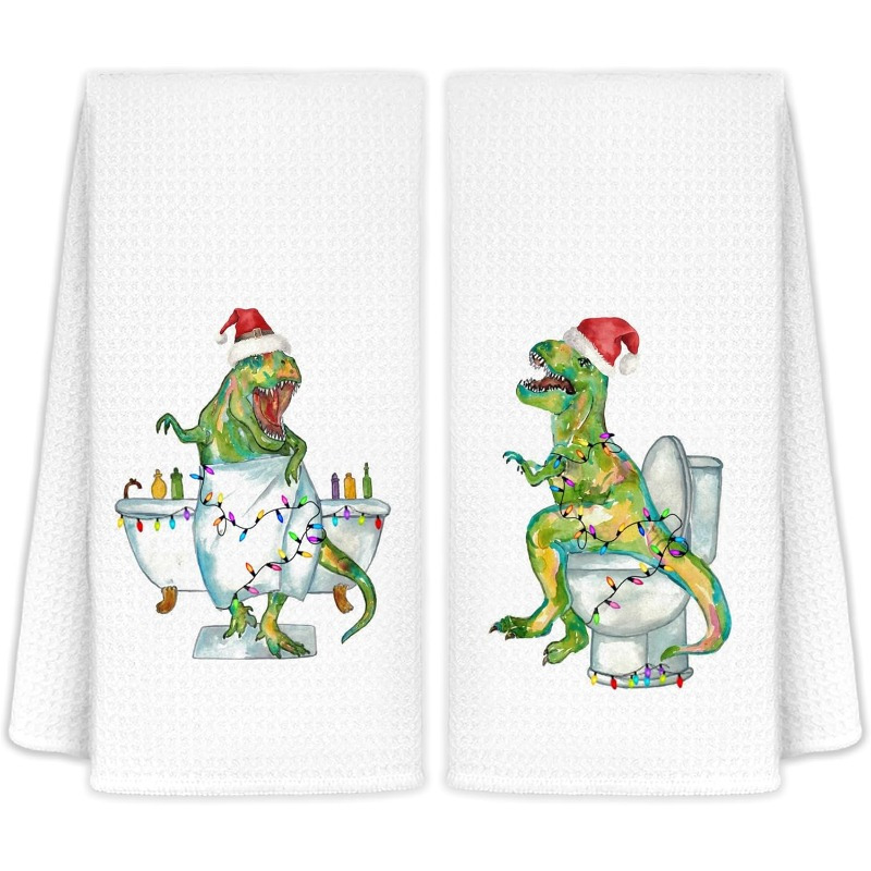 

2-pack Christmas Dinosaur Kitchen Towels, 18x26 Inch, Polyester, Themed, Machine Washable, Holiday Party Decor Dish Cloths