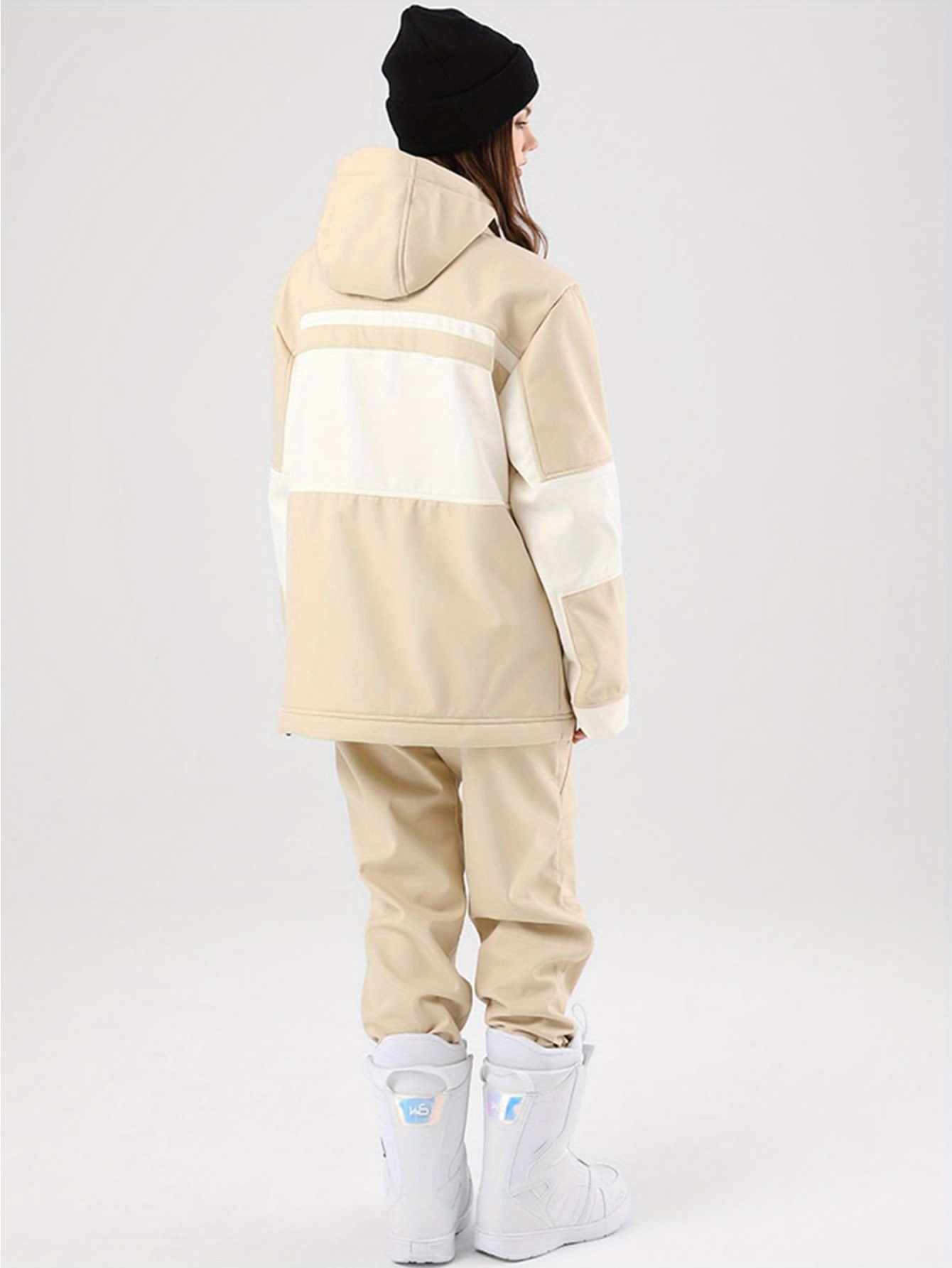 2pcs Ladies Insulated Skiwear Set, Beige - White Colorblock Design, Hooded Snow Jacket & Pants for Skiing/ Snowboarding