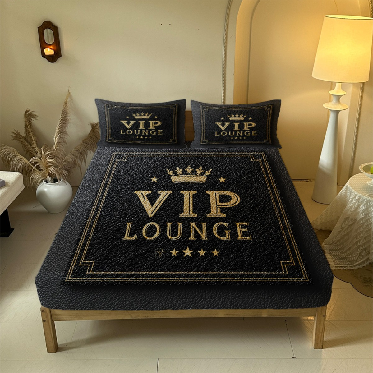 3pcs Set Black Leather Look with Golden Vip Beeding Set 1Fitted Sheet + 2Pillowcase, Without Core Suitable for all seasons Perfect for all bedrooms and guest rooms, Bedroom Decor, Guest Room Essentials, Modern Bedroom, Elegant Bedding, Premium Fabric, Durable Material, Bedding Bundle, Complete Bedding, Luxury Shoppers, Home Decorators