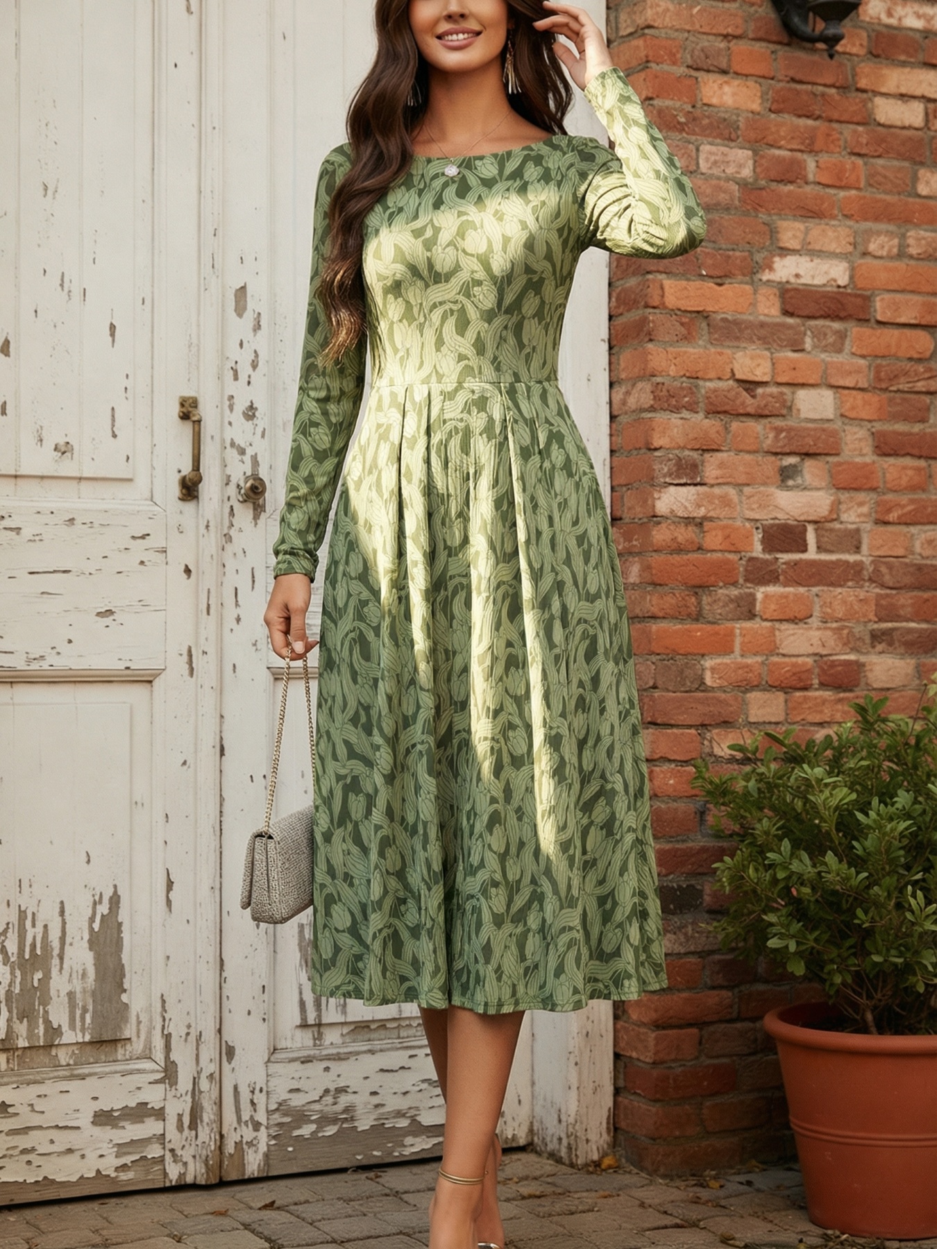 knee length dresses for ladies Cammie Long Sleeve Midi Dress - Beige main image 0