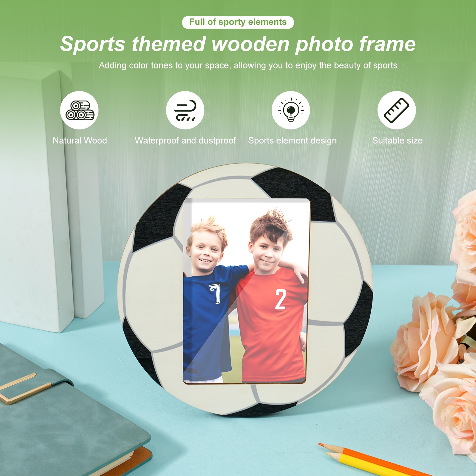 Image of Wooden Photo Frames Feature Baseball And Soccer Sports Elements As Their Core. Are Shaped Like Simulated , Exuding A Trendy And Textured Vibe, Delicately Showcasing