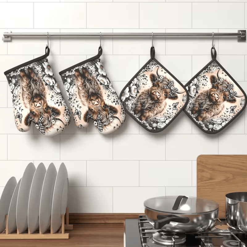 TEMU 4pcs Heat-resistant Oven Mitts And - Cow Print And Pattern, Brown And White Durable Insulation Design, Suitable For Baking, Bbq, Camping -
