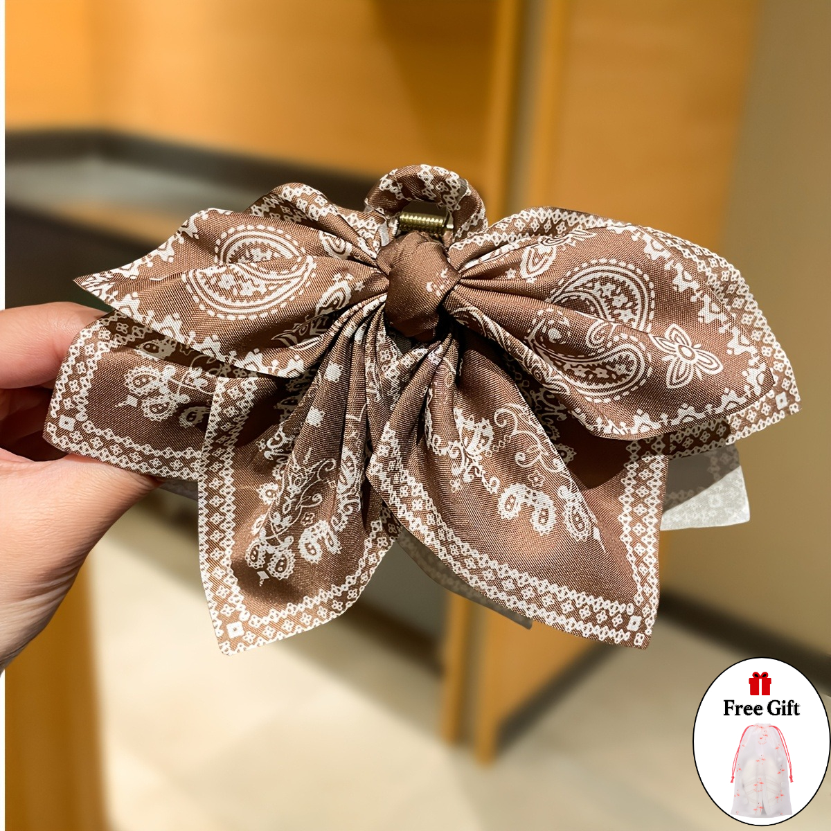 TEMU 2pcs (1 pince à cheveux et 1 chouchou rose gratuit), 1 pince à cheveux pour femmes avec nœud de fleur de macadamia marron, style bohème, grande