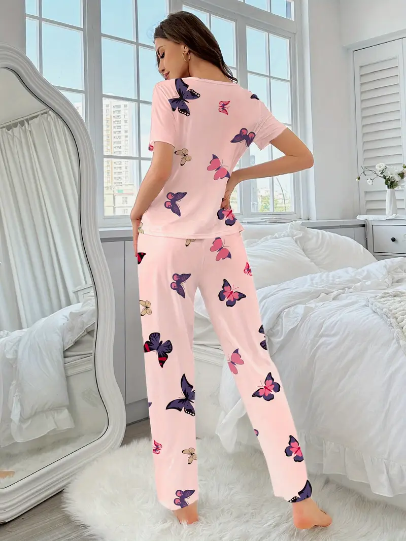 3 sets of 6pcs womens casual polyester white pink top and long pants pajama set heart print fabric short sleeve top with trousers casual loungewear sexy outside Product details 4