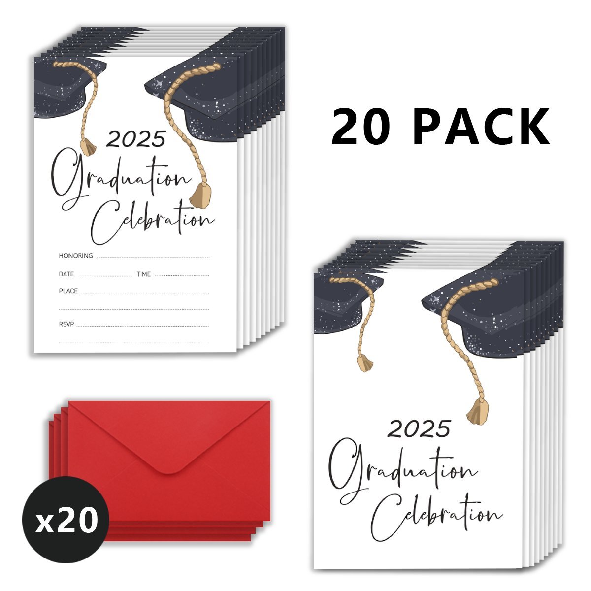 

20pcs Graduation Celebration Invitation Cards With Envelopes - Paper Graduation Party Invitations For 2025, High School Graduation Event, Birthday, No Electricity Needed