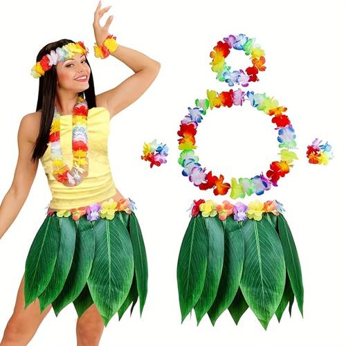 costume 5pcs set grass skirt and dress complete party outfit with hibiscus flowers lei and hawaiian shaped accessories suitable for adults men and women themed birthday luau party costume