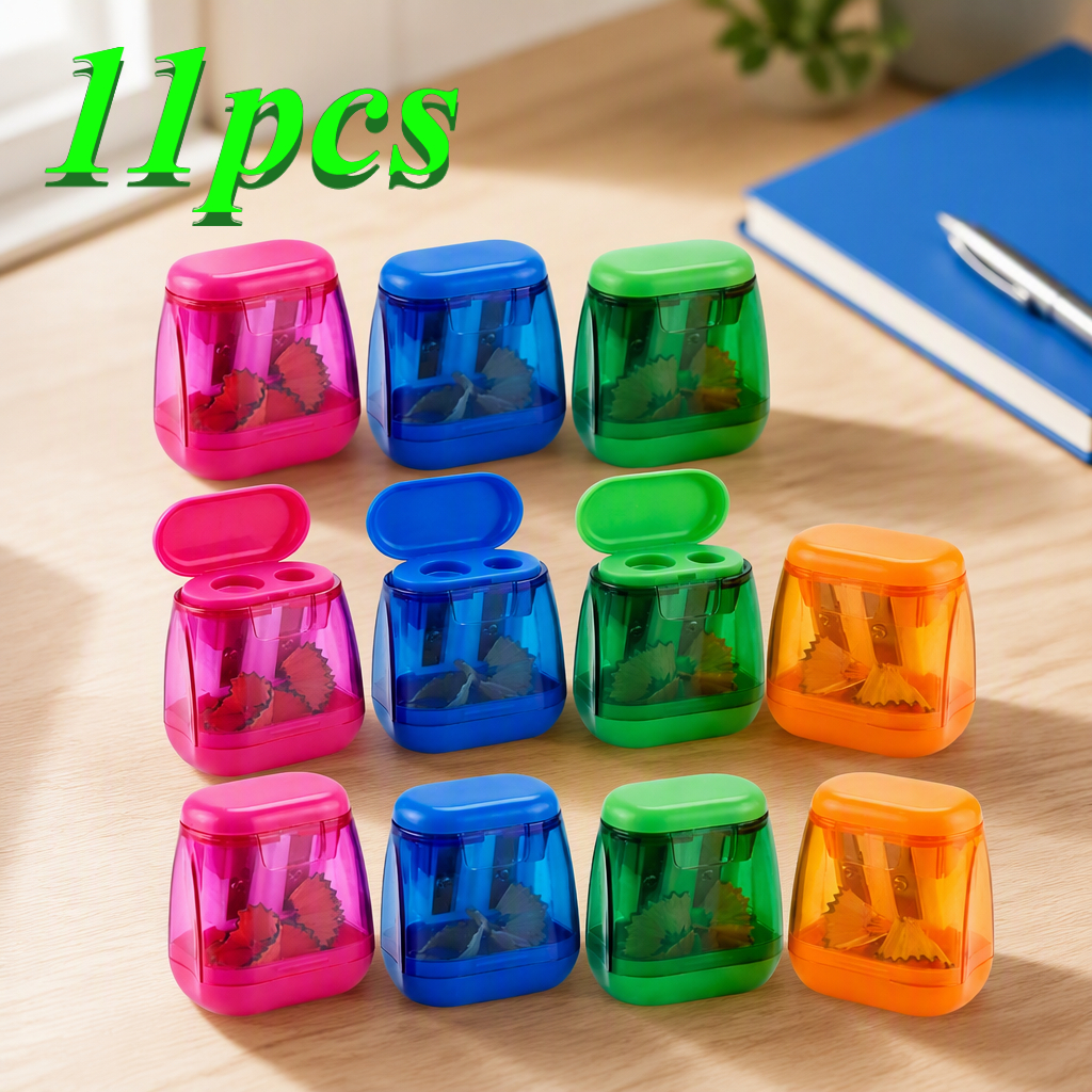 Image of 11pcs Multifunctional Double-hole Manual Pencil Sharpener With Lid And Shavings Box, Suitable For Students, Teachers, And Art Creators, Perfect For School Classrooms, Homework, And Office Drawing.