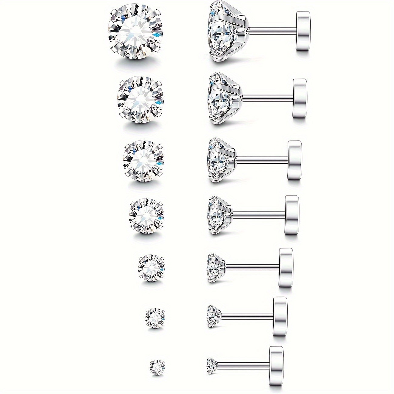 TEMU 2d Flat - 7pcs Women's Flat Back Earrings, Titanium Steel Anti-allergy, Synthetic Zirconia Earrings, Cubic Zirconia Cartilage Earrings