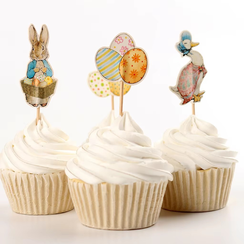 

24pcs Easter Cake Toppers - Spring Dessert Decorations, Bamboo & Paper, Diy Easter Parties,