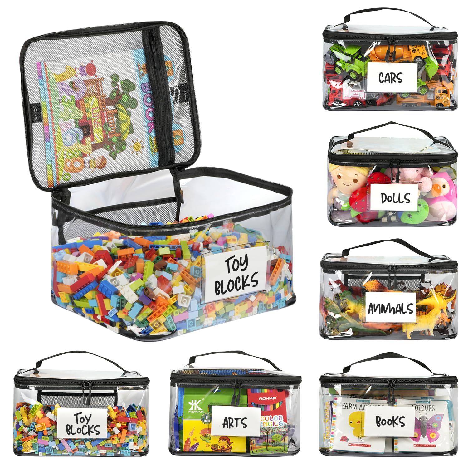 TEMU 6-pack Extra Large Storage Bags With Zippers & Labels, Reusable Clear Tpu Waterproof Organizer For Kids, Building Blocks, Puzzies, Dolls, Board