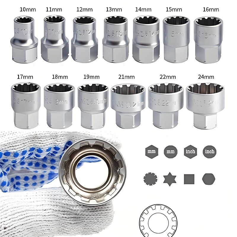 a set of 17 heavy duty chrome vanadium steel through sockets including   release ratchet wrench adapters and an abs toolbox 1 2   8 drive 12 point sockets suitable for tight spaces and compact areas Product details 1