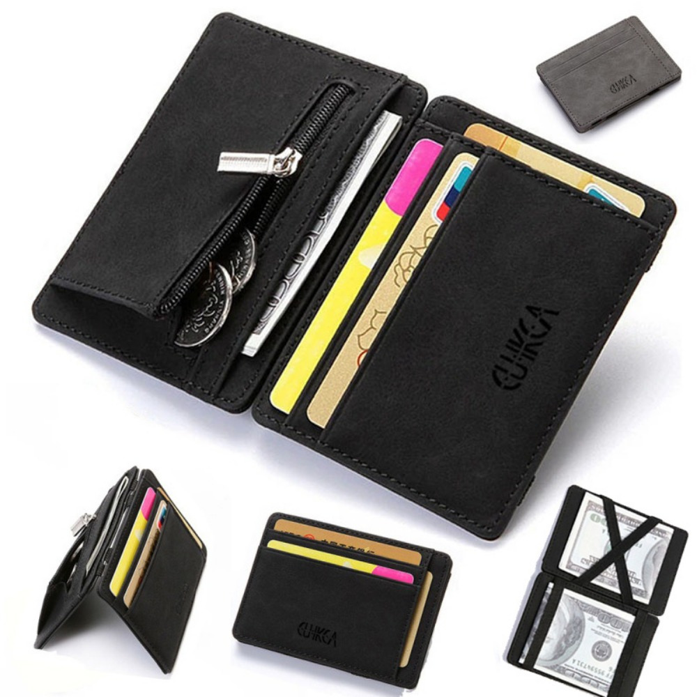 

1pc Slim Leather With Bands, Money Clip, Zipper Coin Pouch, And Card Holder For Men And Women - Black