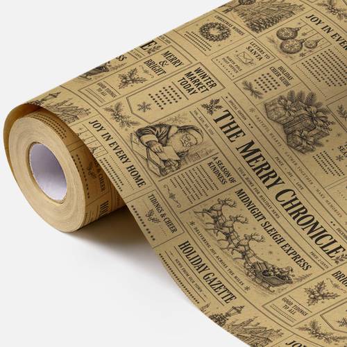item picture one roll of vintage christmas wrapping paper paper brown newspaper style gift wrapping paper printed with sleigh christmas tree wreath and holiday titles rustic vintage holiday wrapping paper roll