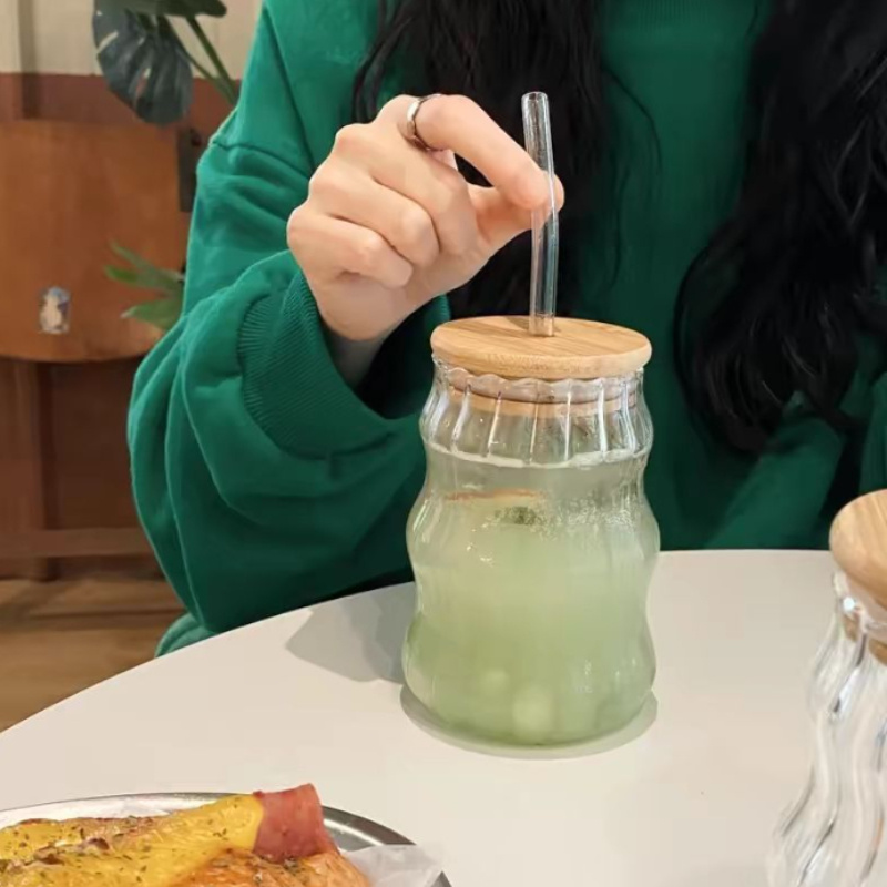 4 6pcs ldq ribbed glass cups with straw lid 18oz   drinking glasses for iced   water matcha juice   leak proof hand wash   accessories beverage serving wave pattern   hand   Product details 0