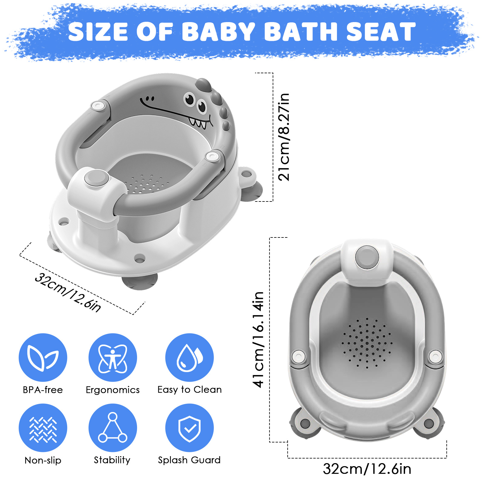 Dinosaur infant bath chair with labeled dimensions