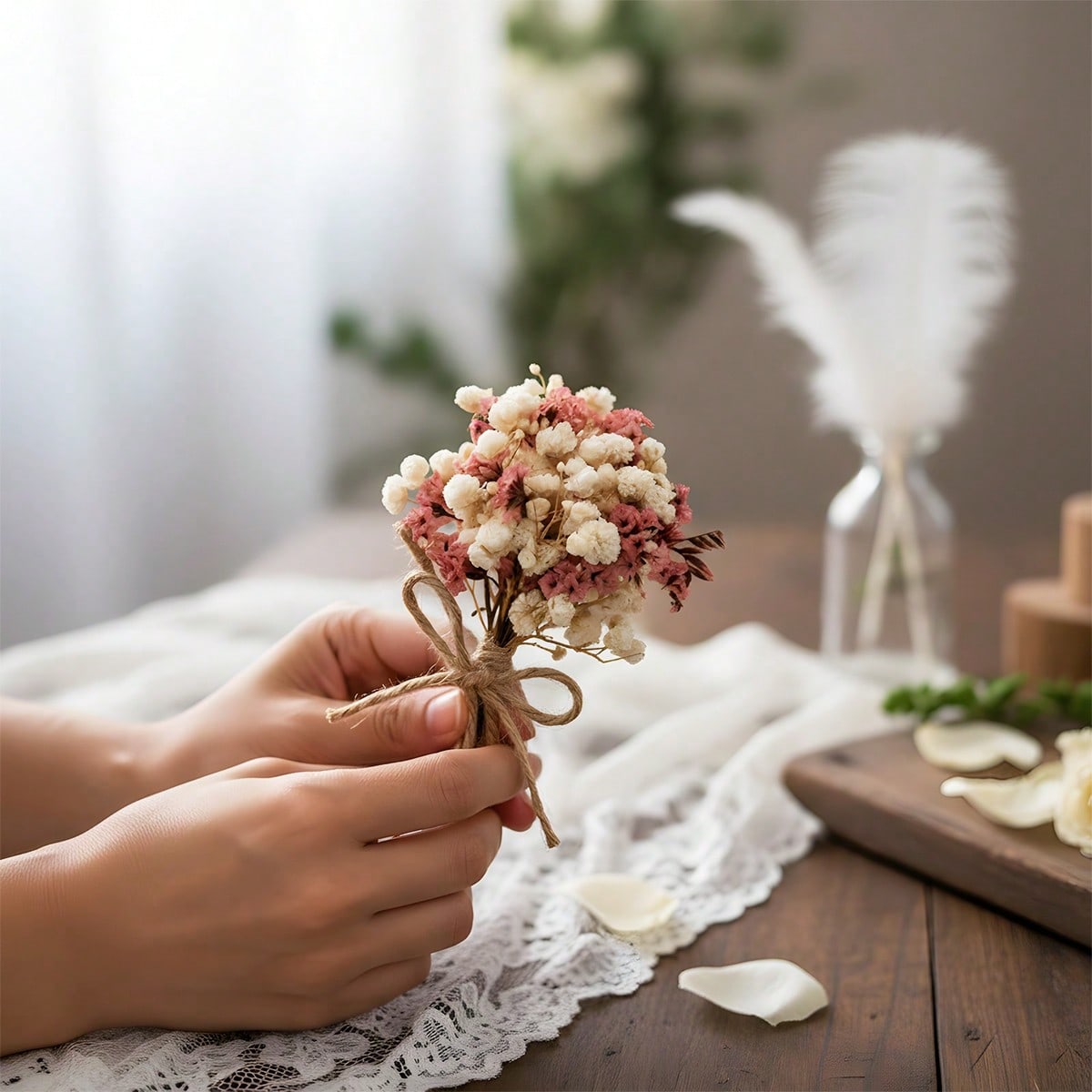 Set Of 6 Cream Pink Gypsophila Faux Flower Bouquets - Wedding Corsage, Handheld Flowers For Brides, Boutonniere For , Wedding Additions, Artificial Starry , Valentine's Day, Mother's Day, Spring Decor