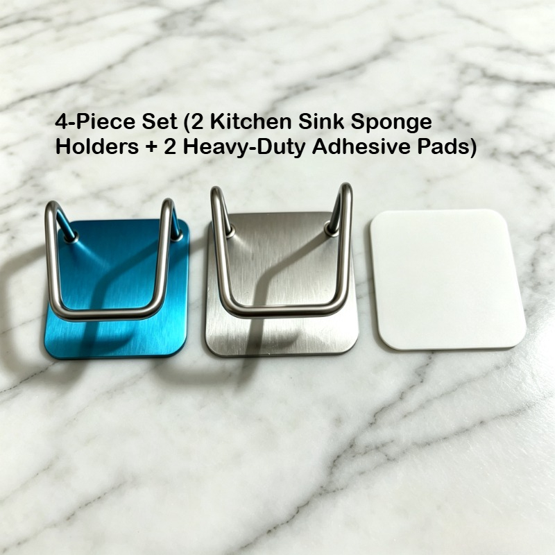 TEMU 4pcs Set (2pcs Kitchen Sink Sponge Holders And 2pcs Strong Adhesive Pads) 304 Stainless Steel Material, No-drill Installation, Rust-proof And