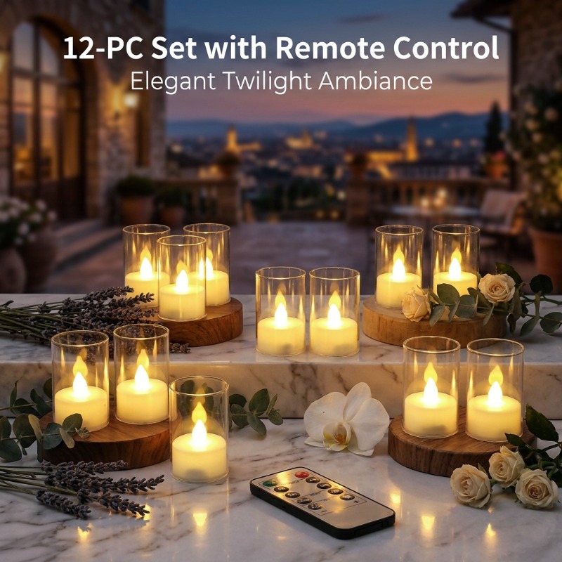 Image of Set Of 12 Transparent Smokeless Flickering Led Candles With Remote Control And Timer - Ideal For Home Decor, Holiday Decorations (christmas, Valentine's Day, Halloween), Table Centerpieces, And Gifts