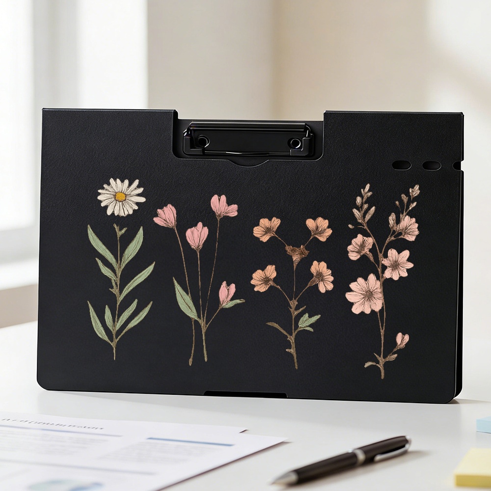 TEMU Floral Clipboard, Boho Botanical Black Writing Pad, Vintage Garden Aesthetic Portable File Folder With Clip, Office School Work Organizer, Gift