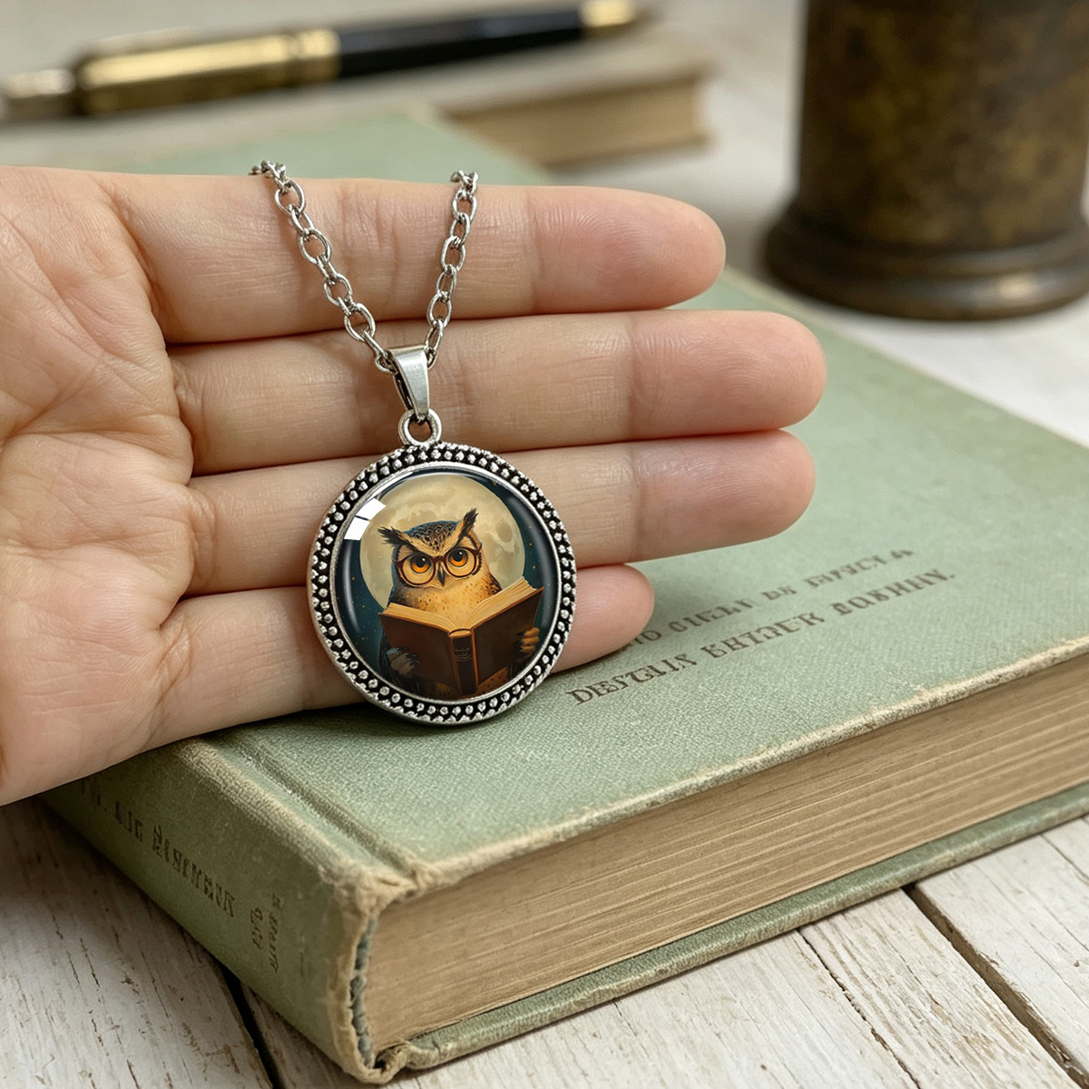 Vintage Owl Print Round Pendant Necklace