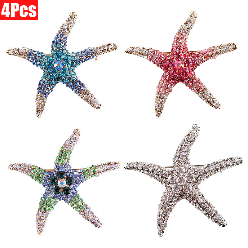 TEMU 4pcs/set Ocean-themed Starfish Brooches, Bohemian Creative Animal Pins, Sparkling Beach-themed Accessories, Unisex Brooches Suitable For Daily