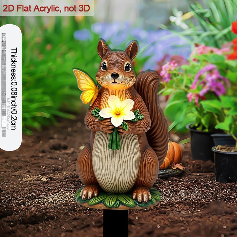 TEMU 2d Flat - 【2d Flat】 2d Flat Design, 1 Cute Squirrel Statue Garden Stake With Flowers And Butterflies - 2d Flat Acrylic Outdoor Yard Decoration,