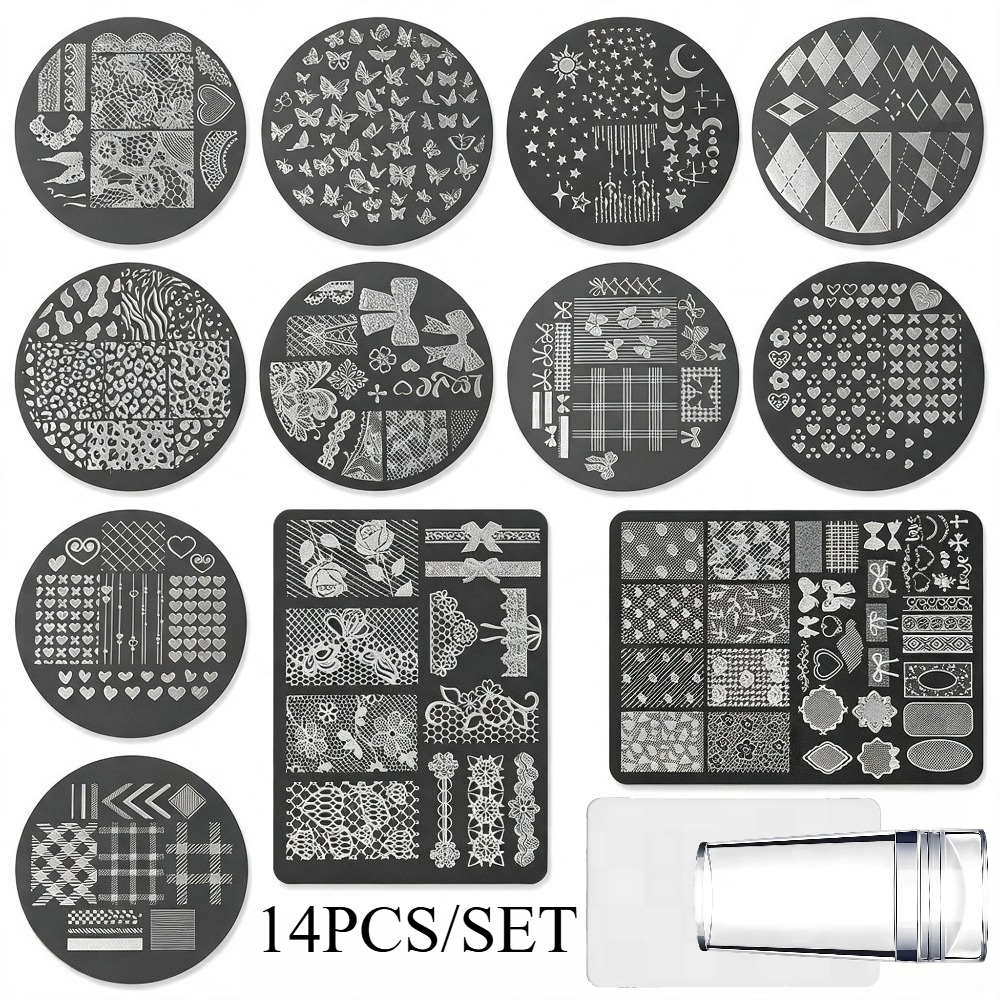 TEMU 14pcs Mixed Nail Plate Set: Leopard Print, Checkered, Lace, Bow, And Multiple Transfer Templates, Includes Scraper And Stampers, Suitable For