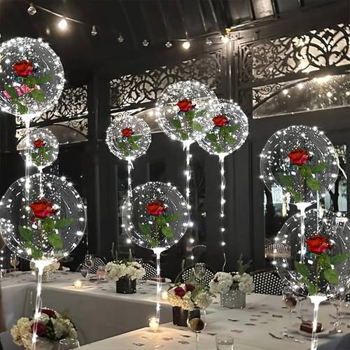 16pcs set 4 sets of rose themed transparent with led lights batteries not included including red roses 20 inch balloons and decorative sticks suitable for weddings birthdays christmas and valentines day decorations