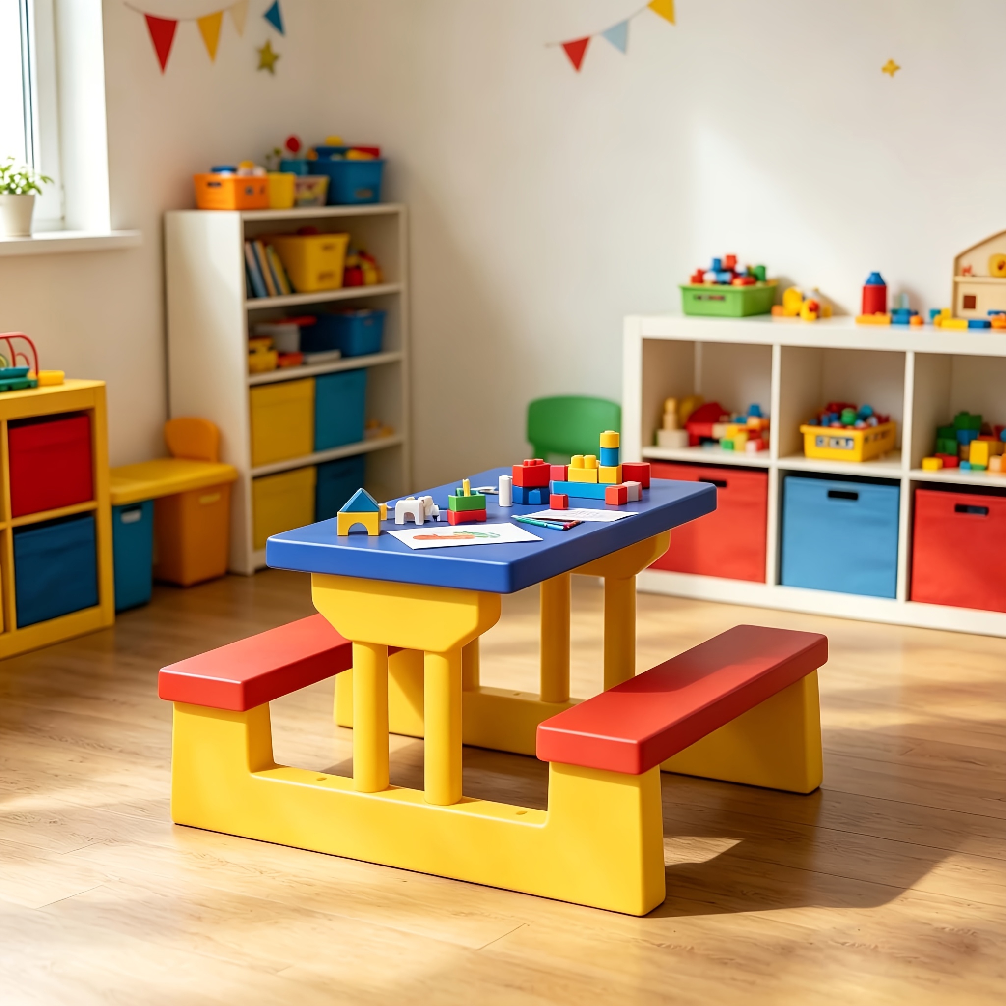 Image of 4-seat Children's Table & Chair Sets, Kids Table And Bench With Premium Pp Construction, Versatile Indoor & Outdoor Table And Bench Set