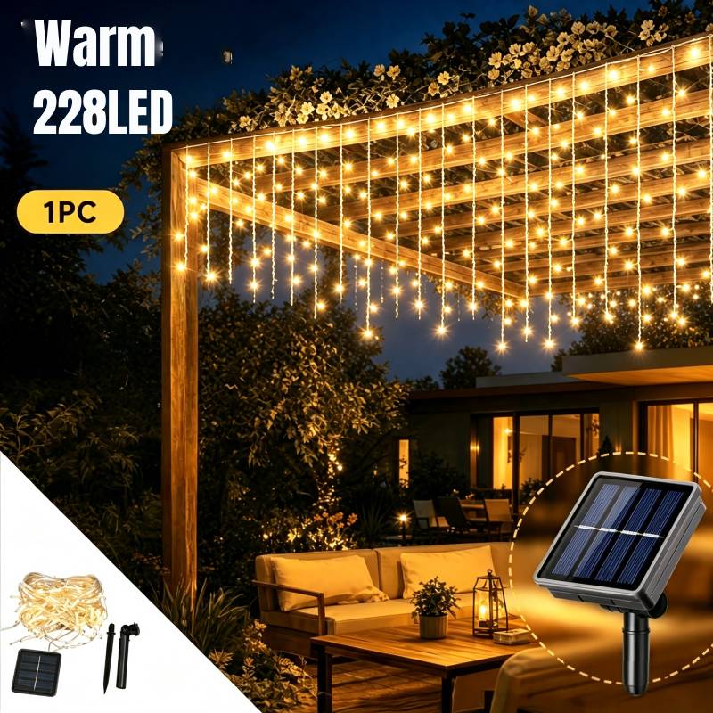 TEMU Solar Outdoor Icicle Lights-228/162/96 Leds, Ip44 Rating, 8 , Curtain-style Fairy Lights, Solar-powered Automatic Outdoor Lights With Memory