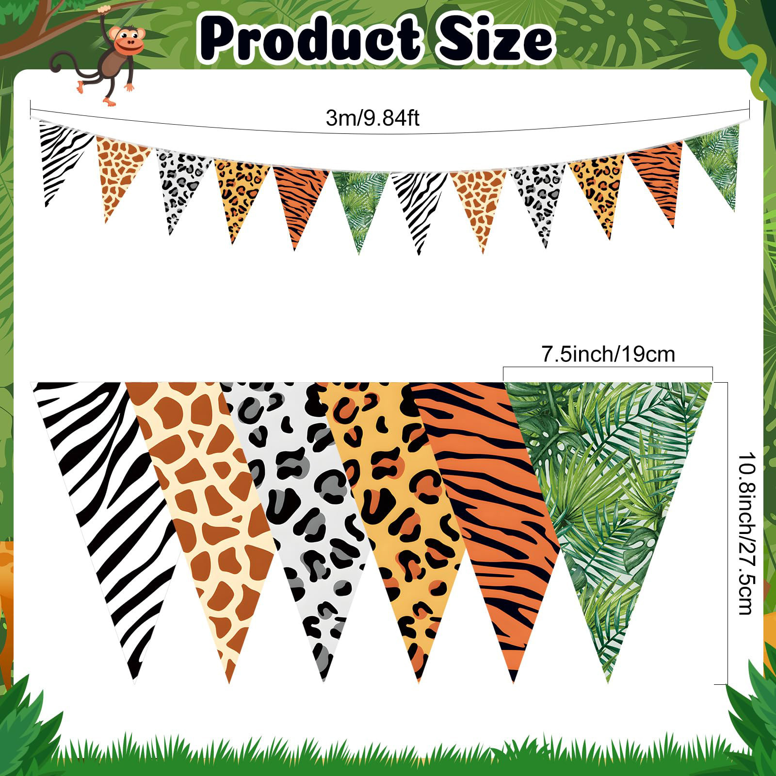 TEMU 24 pancartas temáticas de animales de , total de 49.2 pies, banderines triangulares para fiestas | Con estampados de cebra, leopardo, , tigre,