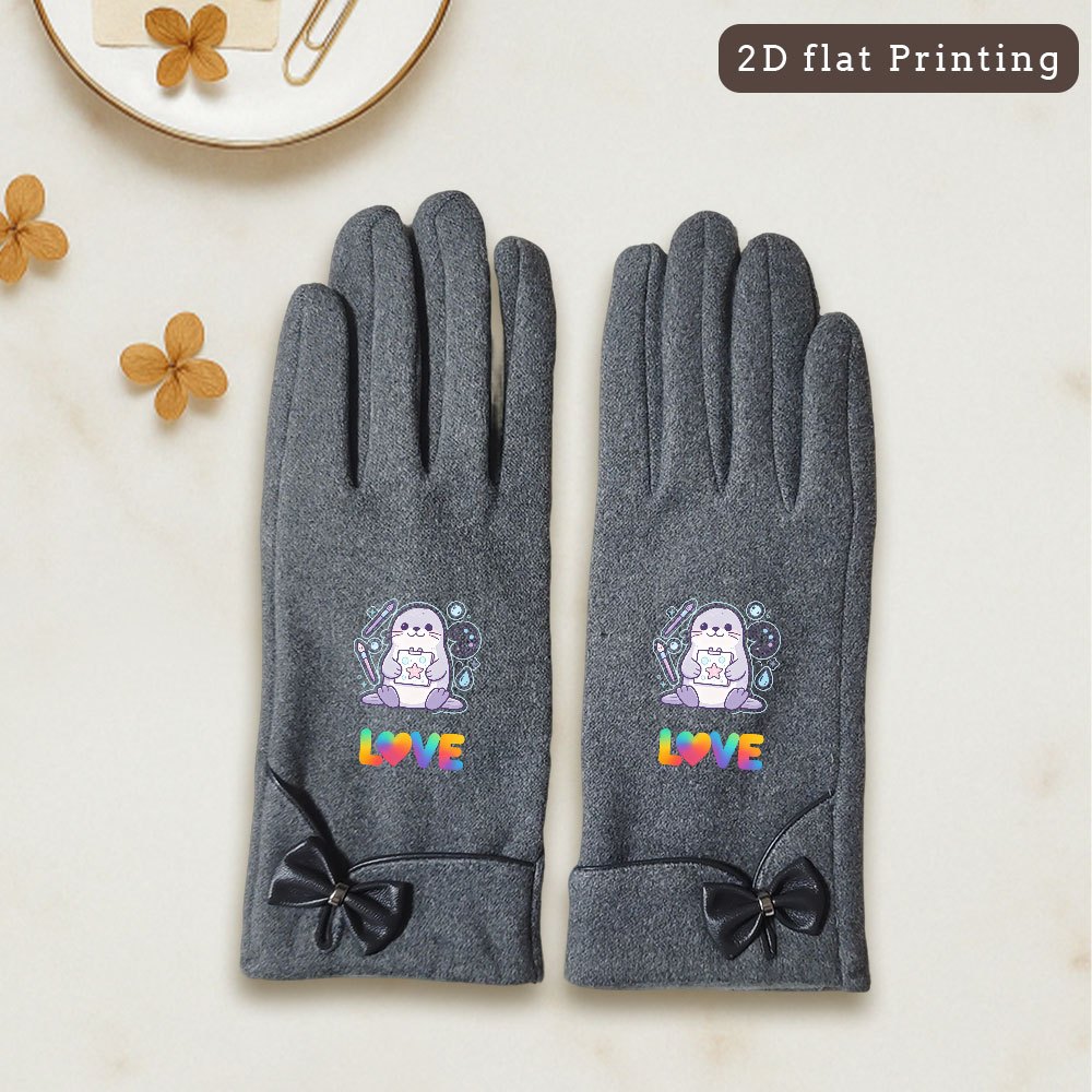 Women's Seal Print Fleece-Lined Touchscreen Winter Gloves with Bow
