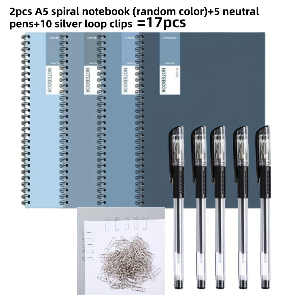 E-shop 17-teiliges Set - (2 A5 Spiralnotizbücher und 5 Gelstifte und 10 Büroklammern) - Strapazierfähiger Softcover, Tagebuch, Konto, Notizbuch,