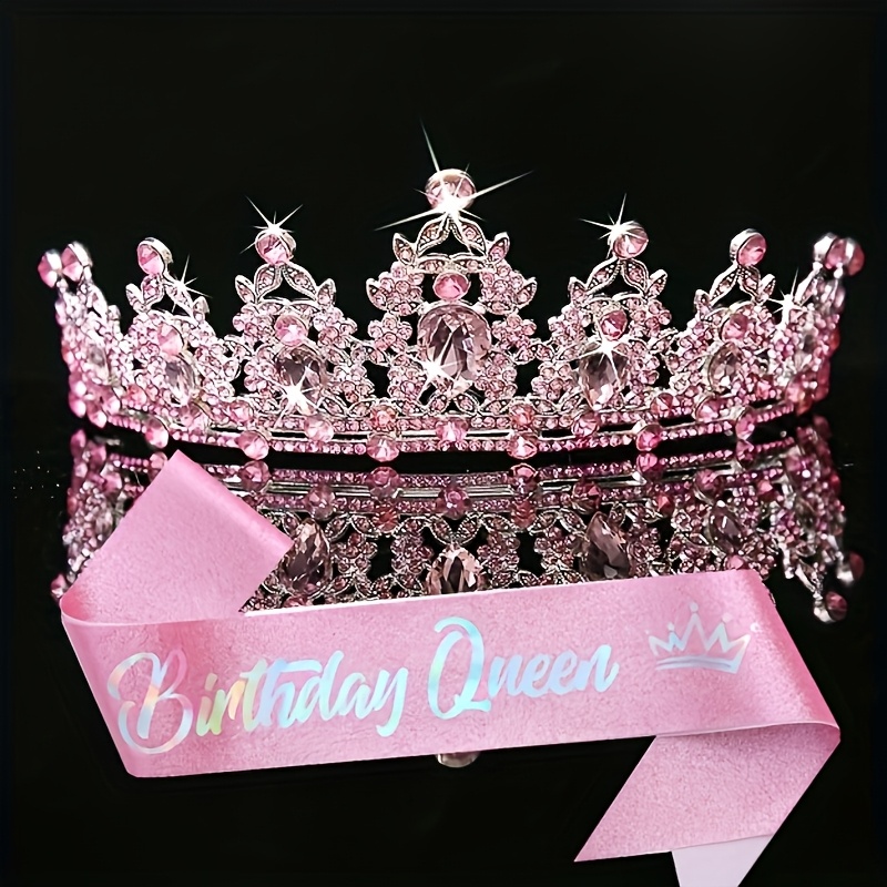 TEMU Baroque Queen Crown And Sash Set 2pcs Elegant Birthday Party Headpiece For Women Mothers Birthday Christmas New Year Valentine Photo Props