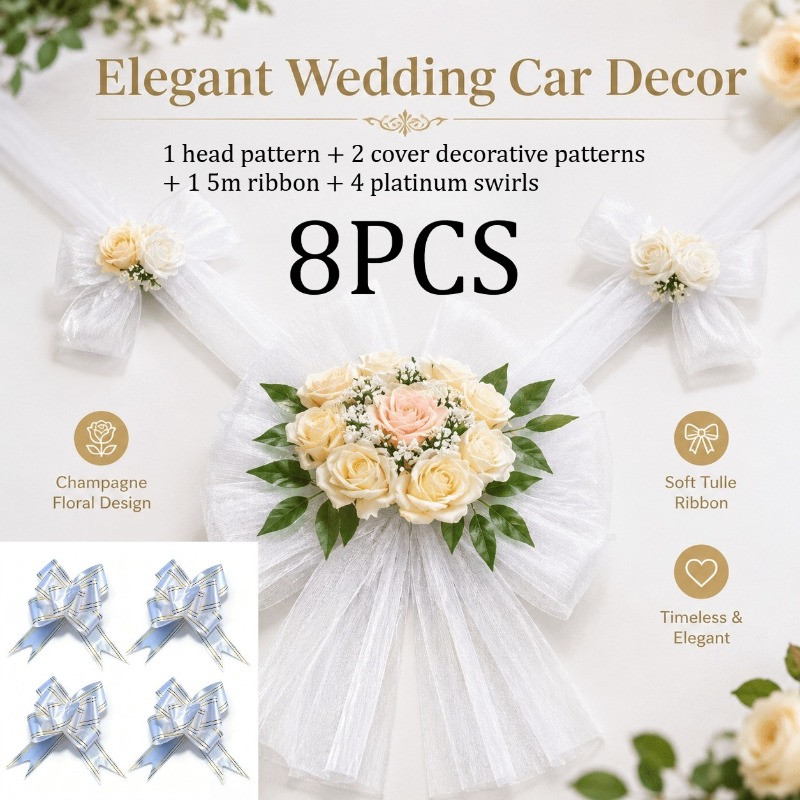 Image of 8pcs -colored Wedding Car Decoration Floral Set, Featuring Platinum Embossing, Suitable For Decorative Artificial Flower Arrangement Of The Vehicle, Complete Set Of Wedding Vehicle Additions