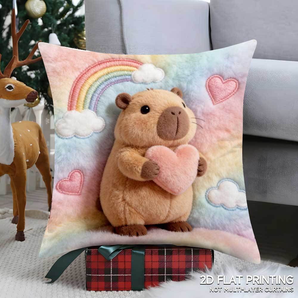TEMU 1pc Pillow Case Capybara 2d Flat Printing Polyester Material, Zipper Closure, Suitable For Valentine's Decor, Parties, Weddings, Lounges, Offices, Etc. Pillow Insert Not Bztcg027, 2d Flat