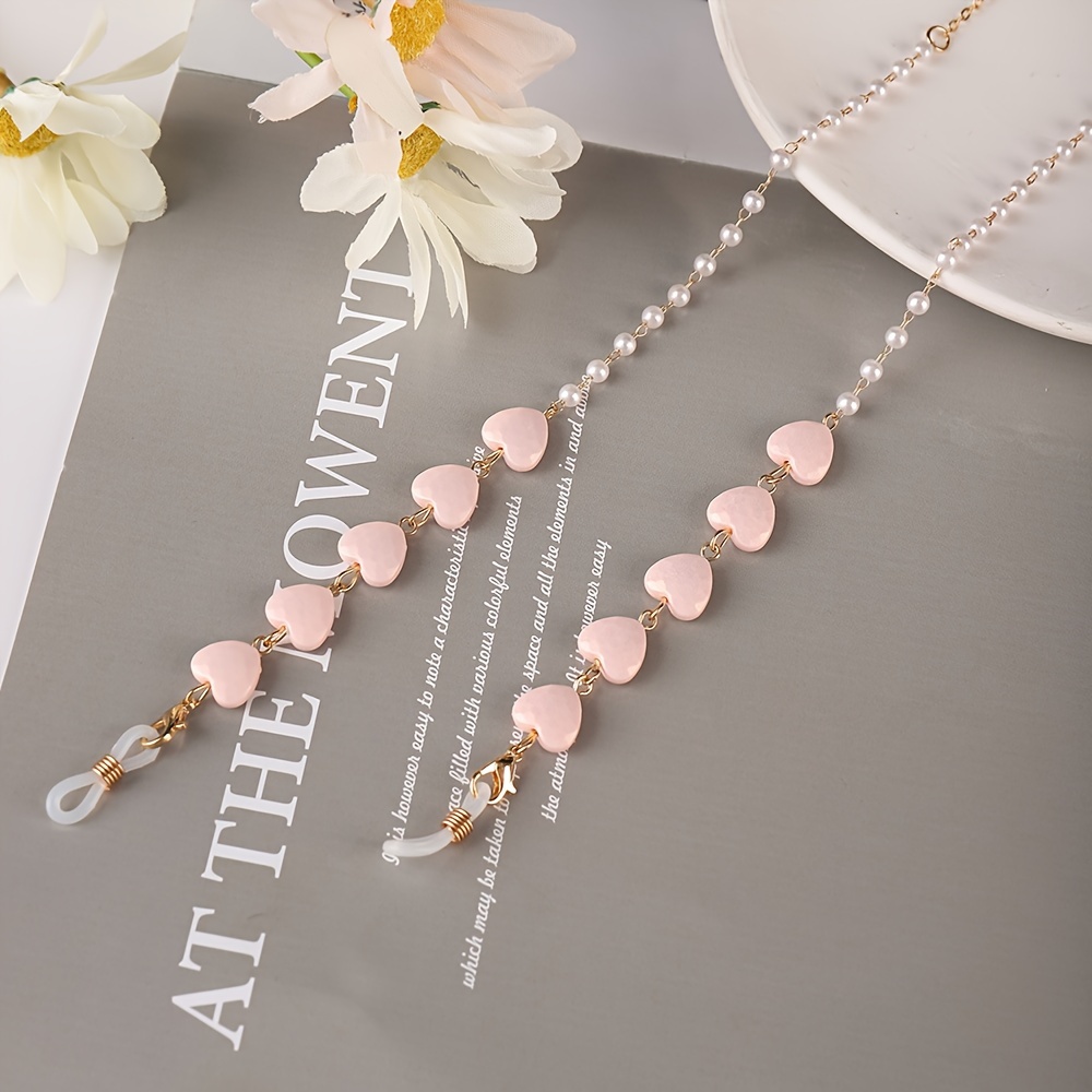 TEMU per occhiali con perline a forma di cuore - Cordino antiscivolo in rame - Cinturino regolabile rosa e blu per occhiali - regalo