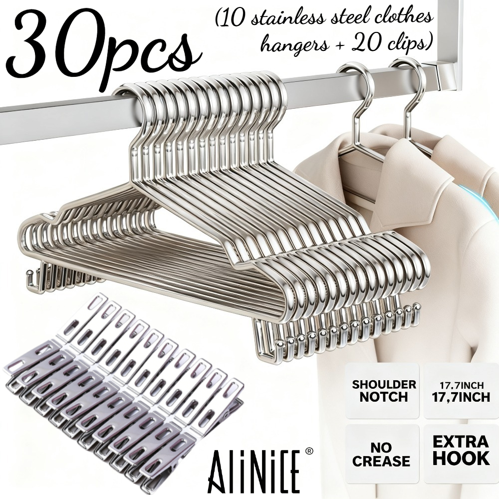 Image of 30pcs Stainless Steel Clothes Hanger Set, Heavy-duty Anti-slip Round Metal Hangers 17.7 Inch, Equipped With Shoulder & Built-in Hooks, Perfect For Storing Clothes, Scarves, Belts And Ties